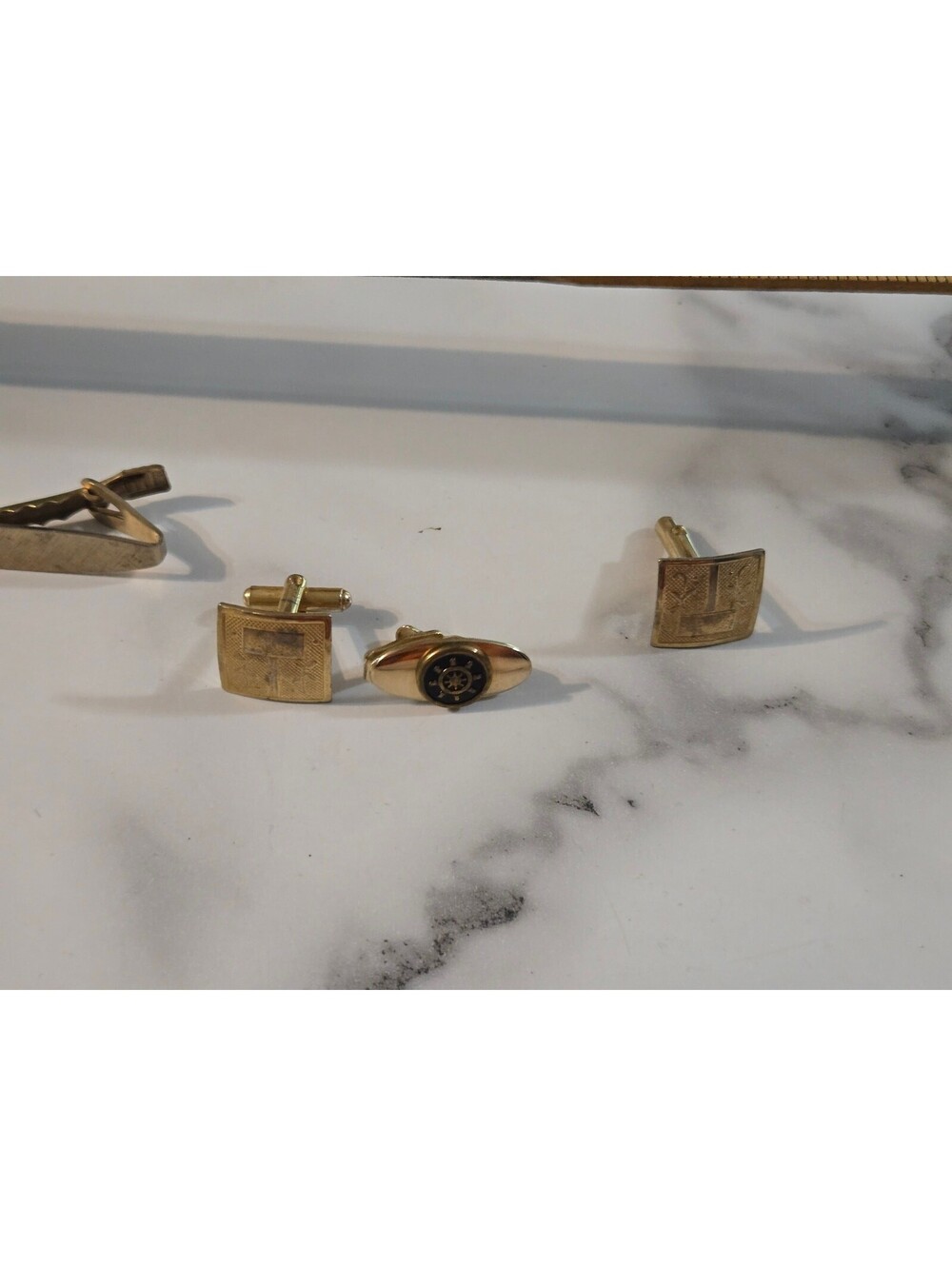 Vintage Mid-Century Brushed Gold Tone Cufflinks and Tie Clip Set